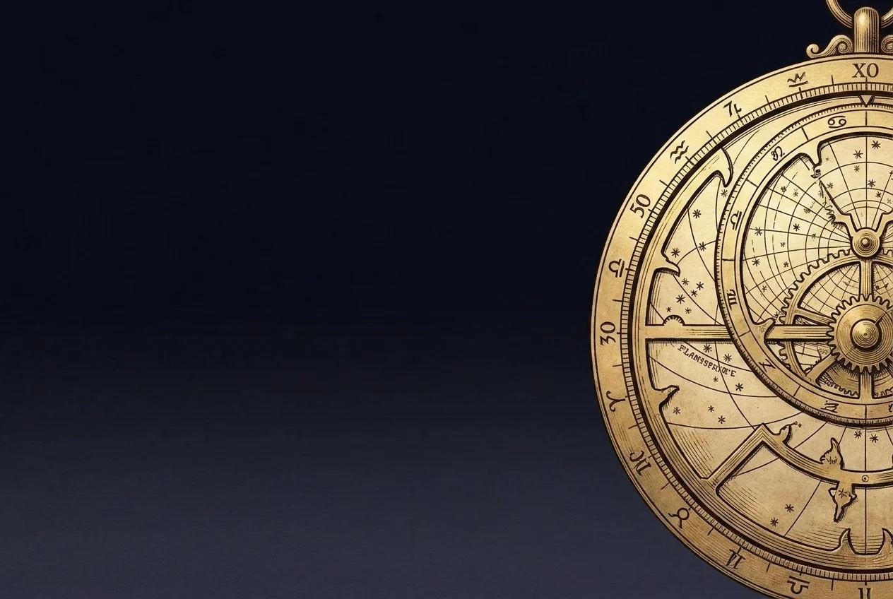 A gilded astrolabe with its horizon ring and rotating rete, engraved in Vela's style