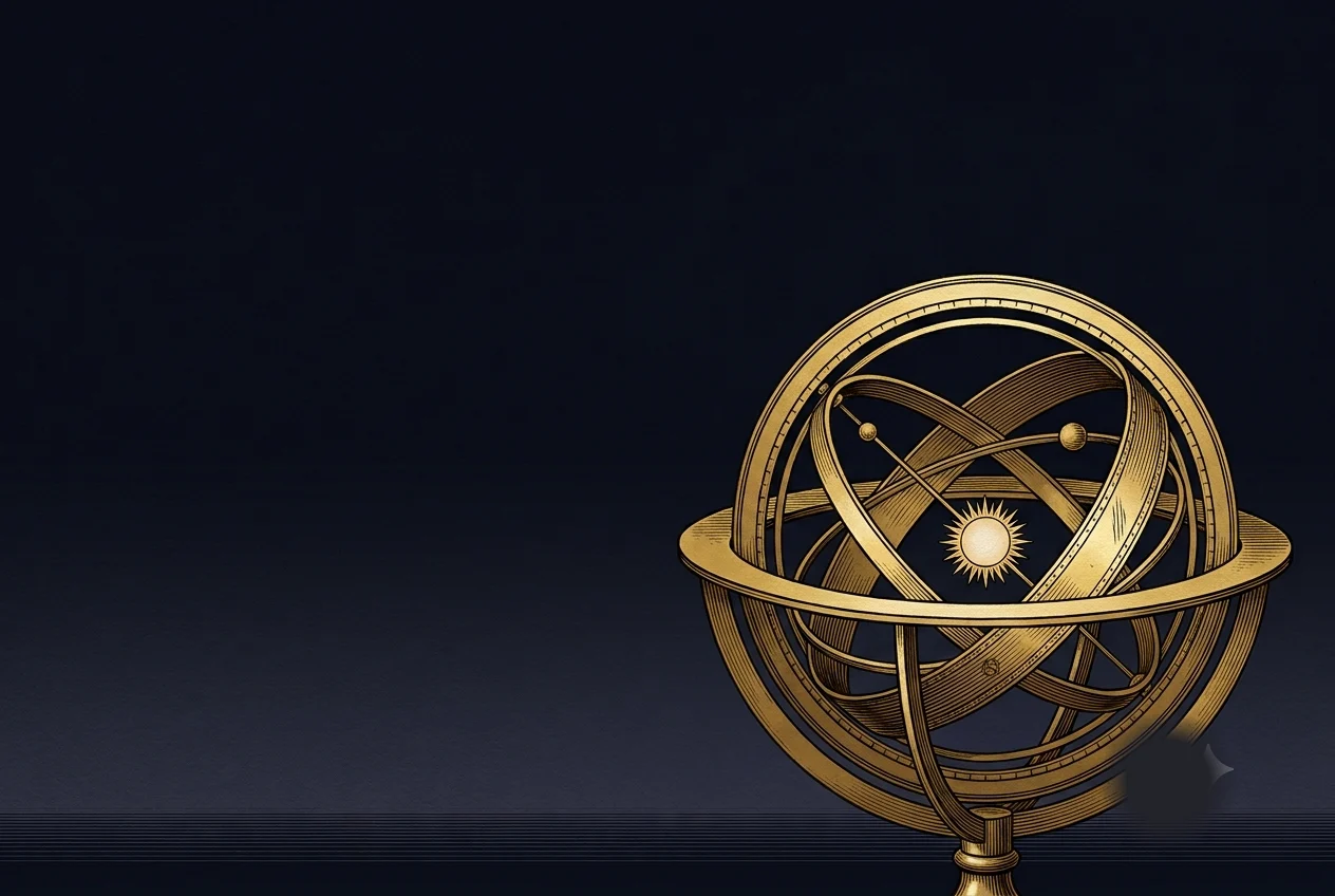 A gilded orrery: the Sun ringed by orbiting planets on brass arms, engraved in Vela's style