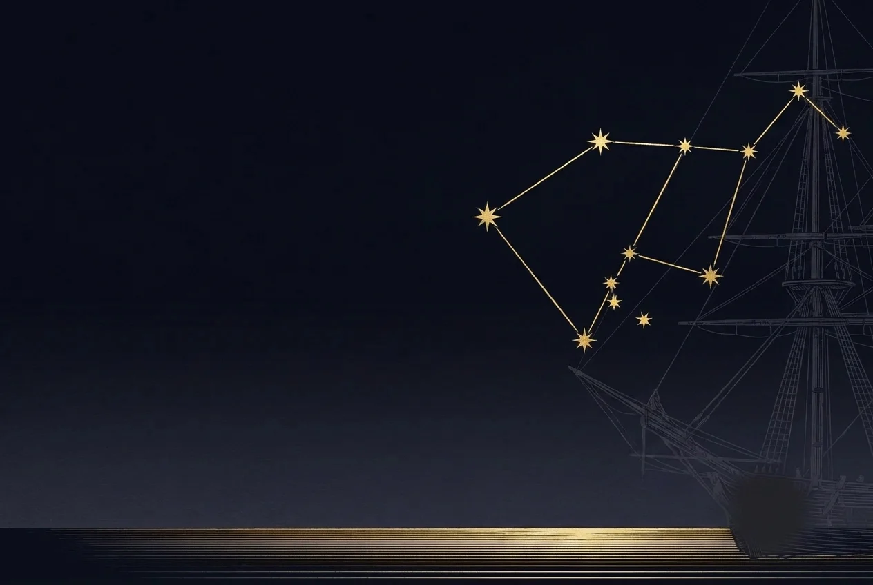 The Vela constellation, the Sails of the ship Argo, picked out in gold star-lines above a fine engraved horizon