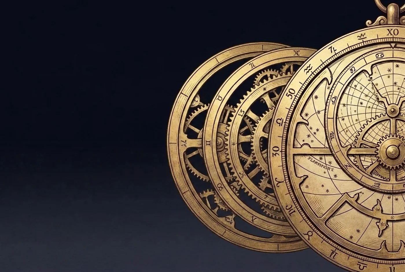 An engraved cutaway of an opened astrolabe, its concentric rings and gears revealed: the chart-making apparatus shown openly