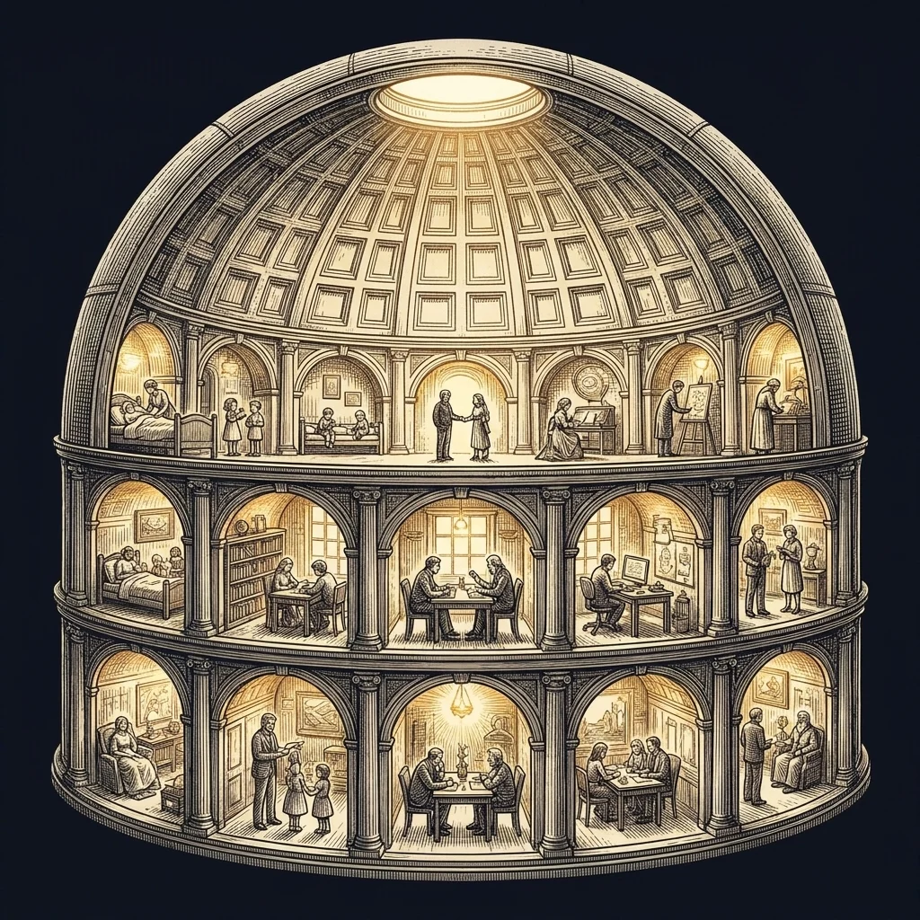 A cutaway of a domed house, each lit room holding a different scene of daily life, engraved in Vela's style