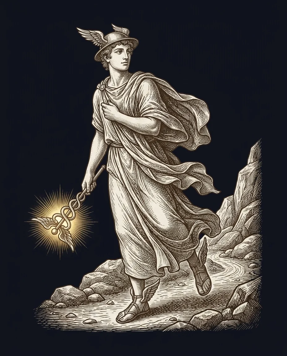 An engraved illustration of Mercury pausing mid-stride to glance back