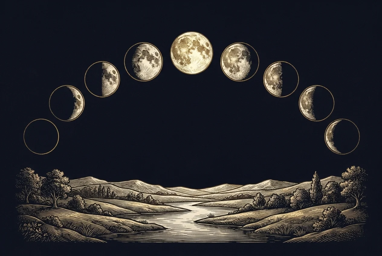 An engraved illustration of the moon through its eight phases in an arc over a quiet horizon