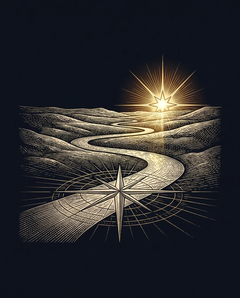 An engraved illustration of a path winding toward a single bright rising star on a distant horizon