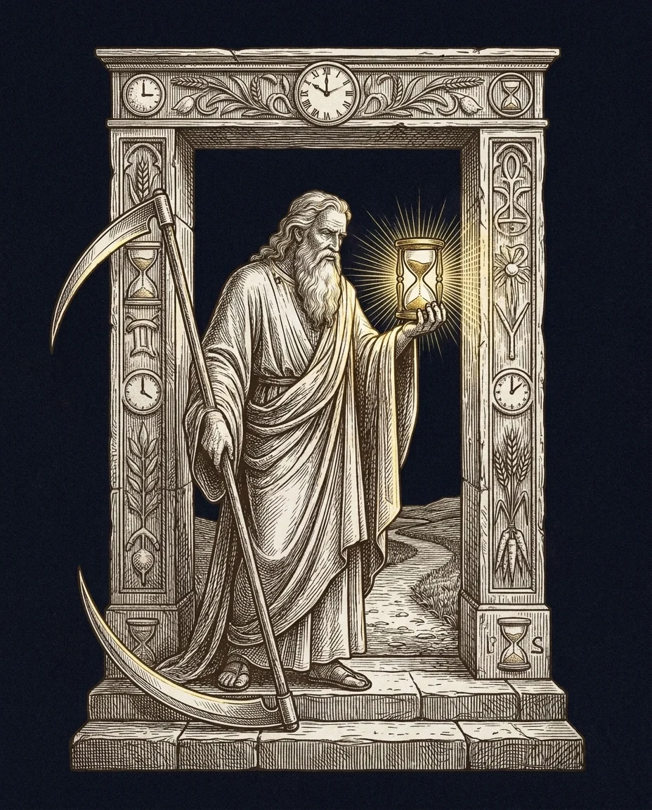 An engraved illustration of Saturn as a dignified elder standing at a stone threshold