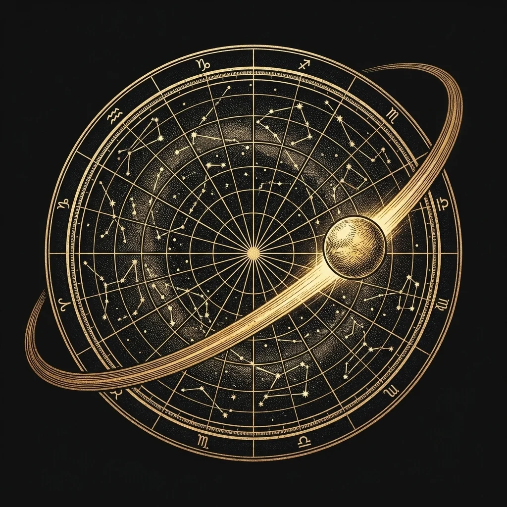 An engraved orrery: a wandering planet crossing the face of a fixed star-chart wheel