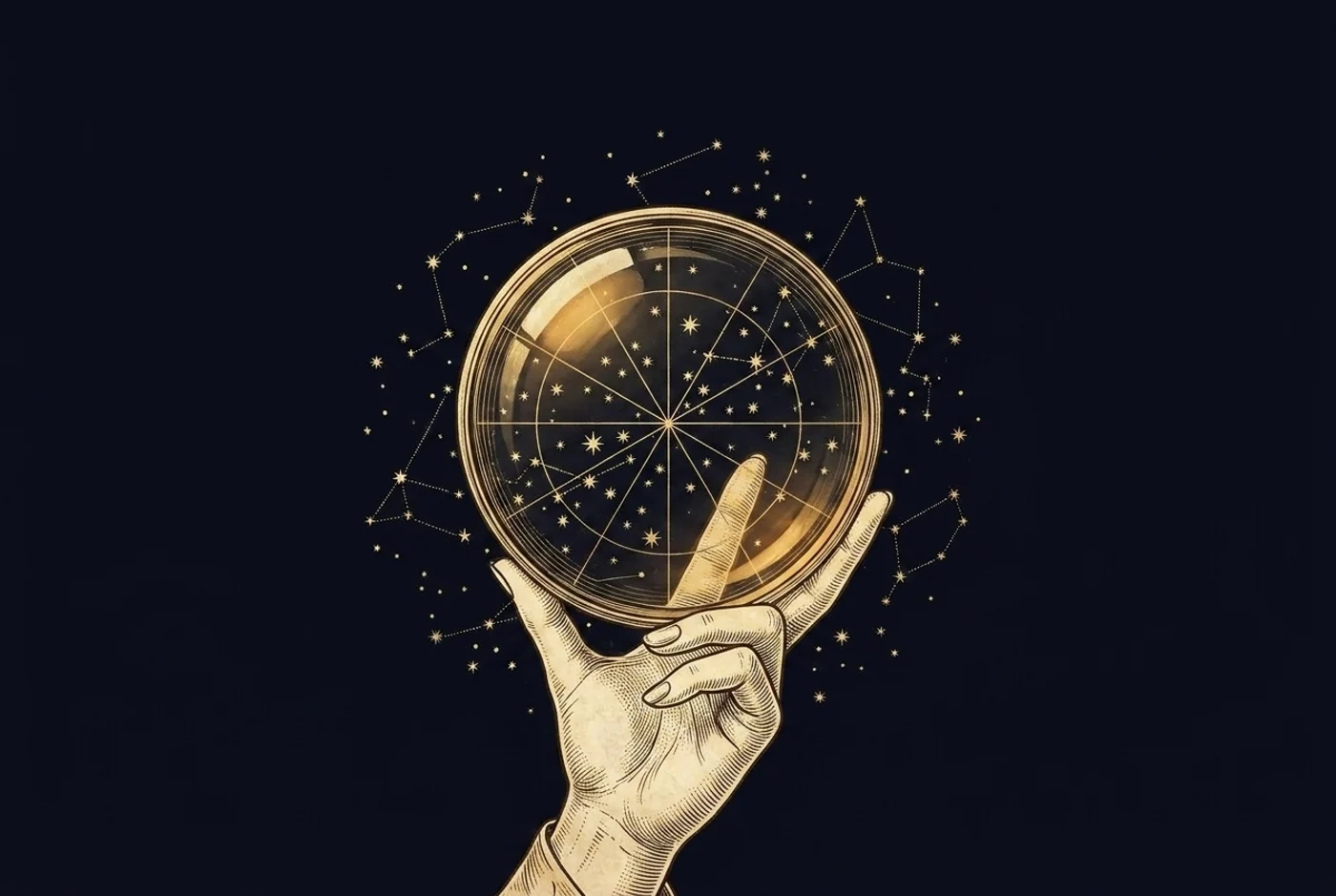 An engraved hand holding a convex lens up to the stars, the stars seen clearer through it: a lens, not a forecast