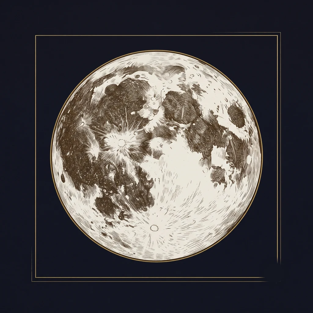 A full moon rendered in Vela's gilded gothic style, its seas etched in antique gold