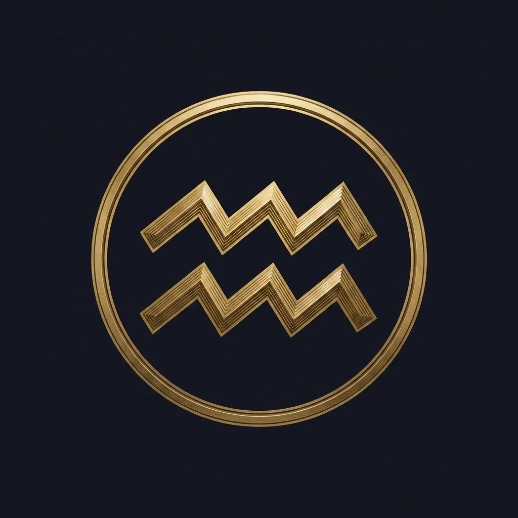 The Aquarius zodiac emblem in antique gold