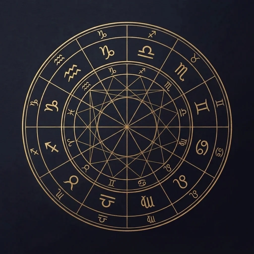 A synastry double-wheel: two natal chart wheels interlocked, the contacts between two charts drawn as fine gold lines