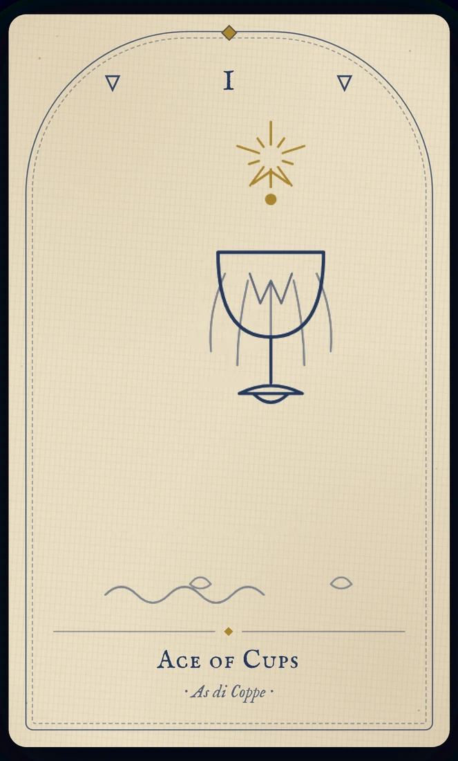 The Ace of Cups tarot card, re-illustrated in Vela's gothic style: a hand from a cloud offers an overflowing chalice as a white dove descends toward it.