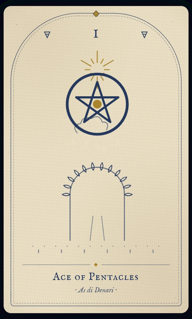 The Ace of Pentacles tarot card, re-illustrated in Vela's gothic style: a hand from a cloud offers a golden coin above a garden gate wound with roses.
