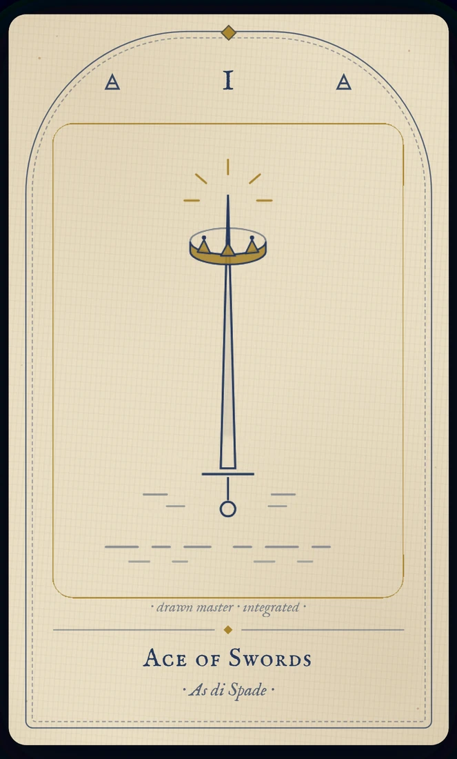 The Ace of Swords tarot card, re-illustrated in Vela's gothic style: a hand from a cloud raises a sword crowned with a wreath at its point.