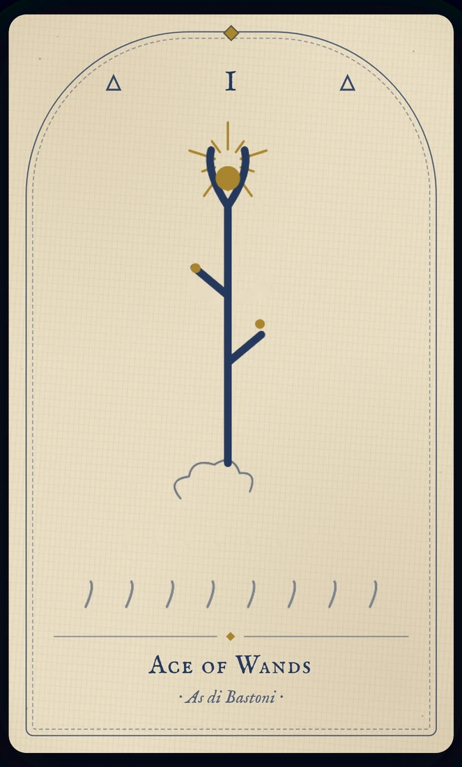 The Ace of Wands tarot card, re-illustrated in Vela's gothic style: a hand reaches from a cloud gripping a living staff, leaves still budding from it.