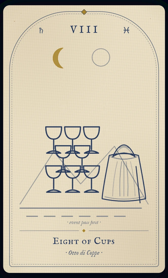 The Eight of Cups tarot card, re-illustrated in Vela's gothic style: a figure walks away from eight carefully stacked cups under a waning moon.