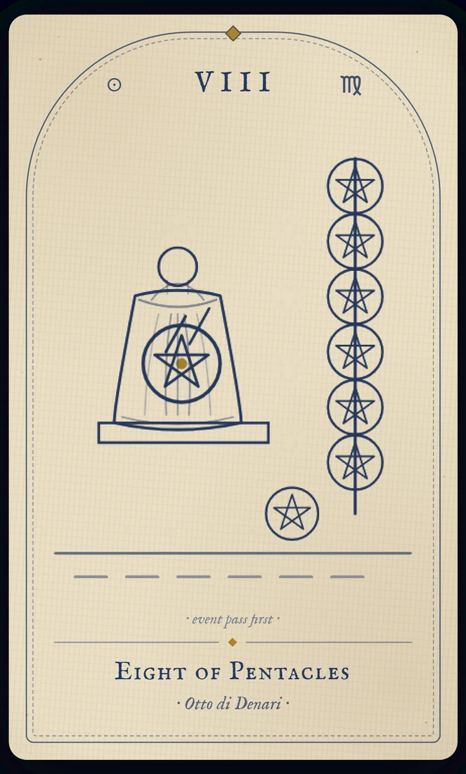 The Eight of Pentacles tarot card, re-illustrated in Vela's gothic style: an apprentice stamps coin after coin, each finished piece hung in a neat row.
