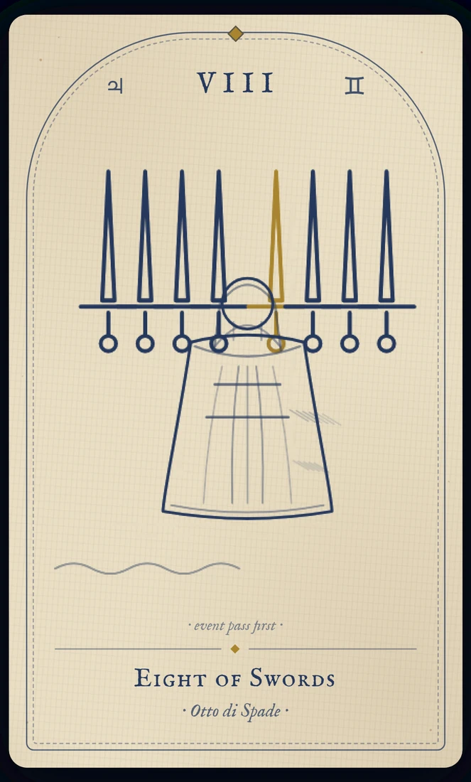 The Eight of Swords tarot card, re-illustrated in Vela's gothic style: a bound, blindfolded figure stands among eight swords planted loosely as a fence.