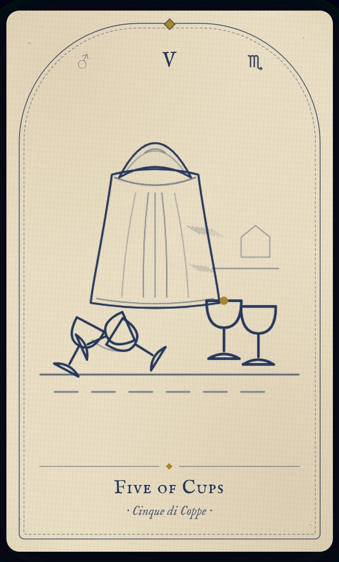 The Five of Cups tarot card, re-illustrated in Vela's gothic style: a cloaked figure mourns three spilled cups while two still stand, unnoticed, behind.