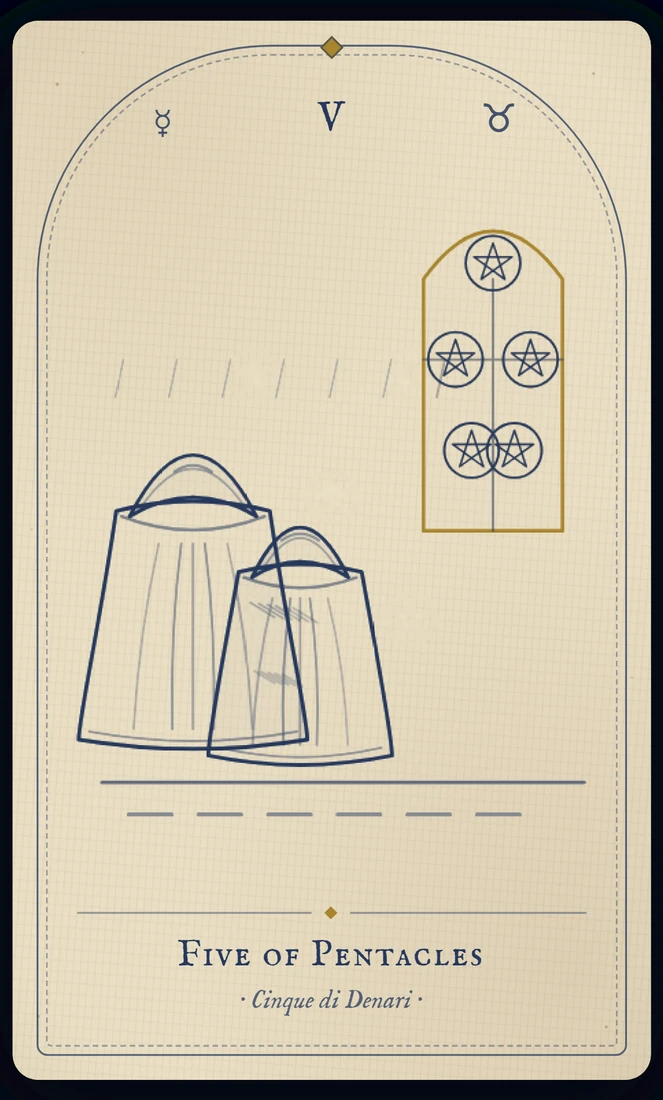 The Five of Pentacles tarot card, re-illustrated in Vela's gothic style: two figures pass through falling snow beneath a lit stained-glass window.