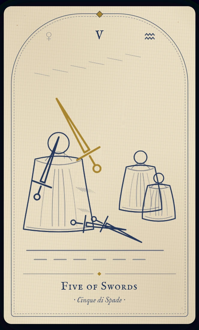 The Five of Swords tarot card, re-illustrated in Vela's gothic style: a smirking victor gathers swords while two others walk away toward the water.