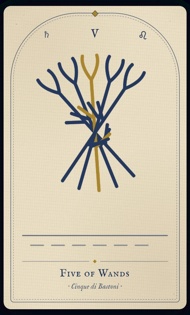 The Five of Wands tarot card, re-illustrated in Vela's gothic style: five youths clash staves in a mock battle no one is clearly winning.