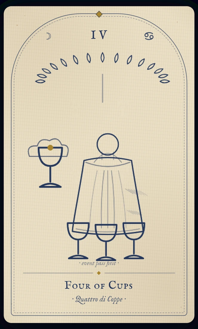 The Four of Cups tarot card, re-illustrated in Vela's gothic style: a seated figure ignores three cups before him while a fourth is offered from a cloud.