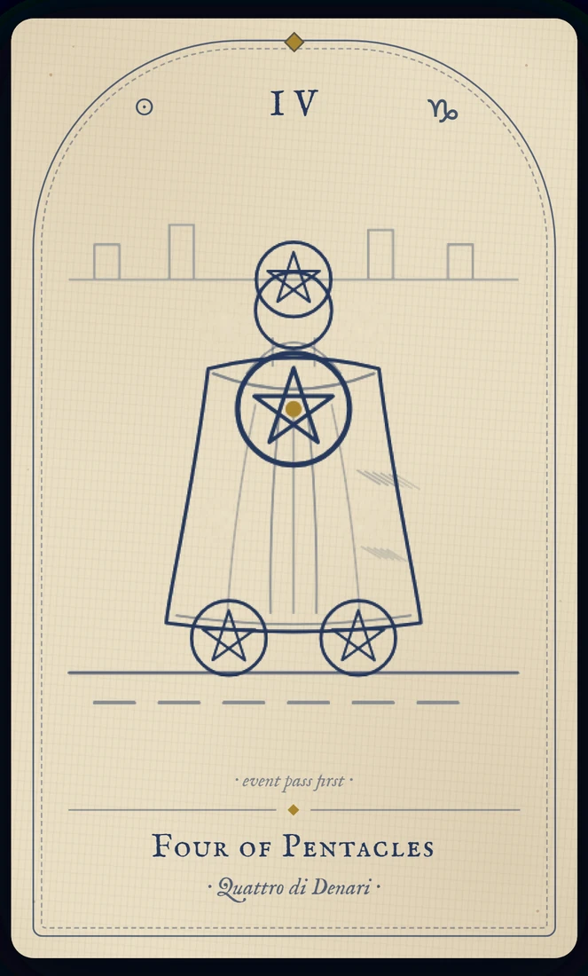 The Four of Pentacles tarot card, re-illustrated in Vela's gothic style: a crowned figure clutches one coin to his chest, one underfoot, one balanced overhead.