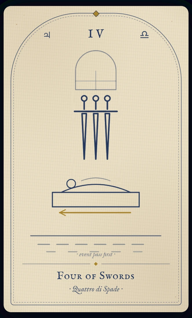 The Four of Swords tarot card, re-illustrated in Vela's gothic style: a figure rests full-length in a quiet chapel, hands folded, three swords hung above.