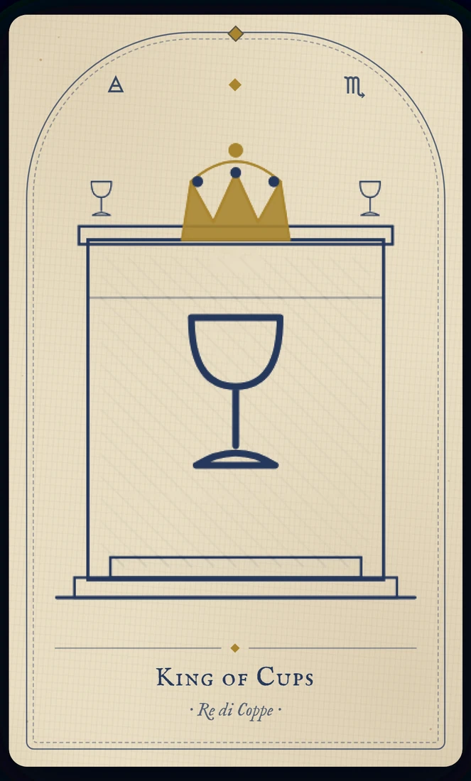 The King of Cups tarot card, re-illustrated in Vela's gothic style: a king holds his cup steady on a stone throne set amid a moving sea.