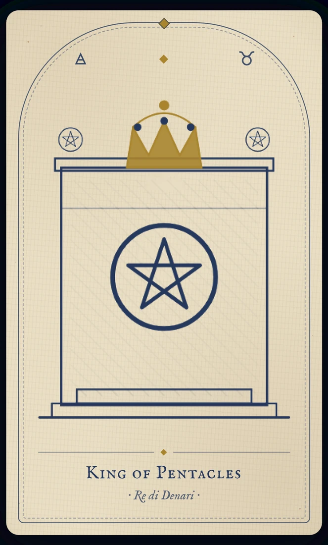 The King of Pentacles tarot card, re-illustrated in Vela's gothic style: a king rests one hand on a coin, his throne carved with bulls, grapevines on his robe.