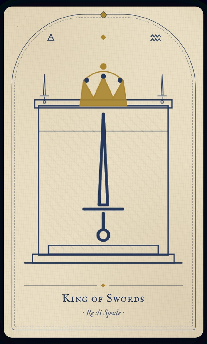 The King of Swords tarot card, re-illustrated in Vela's gothic style: a stern king faces directly forward, sword tilted, butterflies carved into his throne.