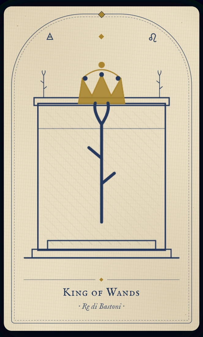 The King of Wands tarot card, re-illustrated in Vela's gothic style: a king leans forward on his throne, living staff in hand, salamanders woven on his robe.