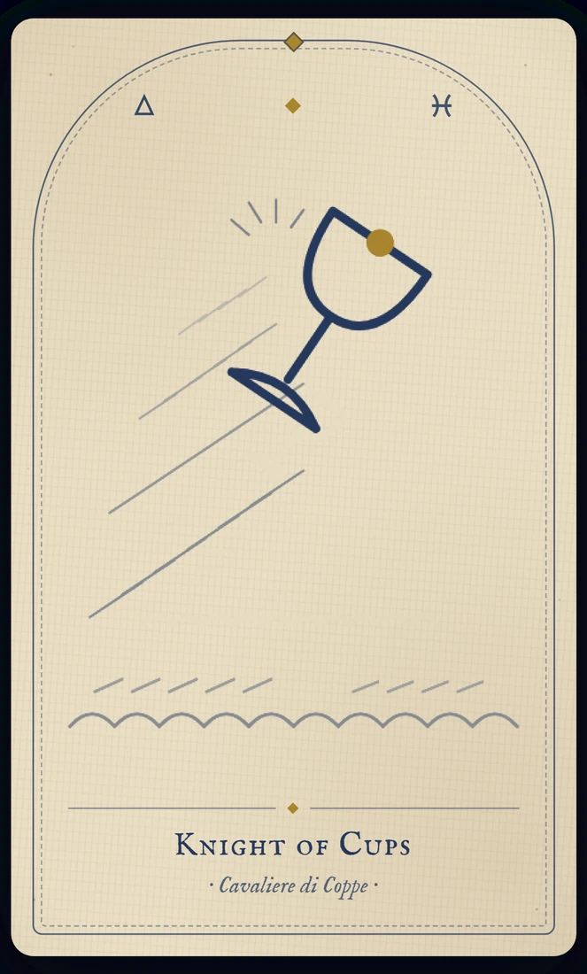 The Knight of Cups tarot card, re-illustrated in Vela's gothic style: a rider advances at a walk, his cup held out level like an offering.