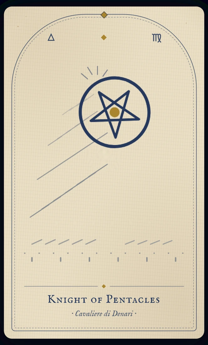 The Knight of Pentacles tarot card, re-illustrated in Vela's gothic style: a rider sits motionless on a heavy black horse, coin held out, the field ploughed behind.