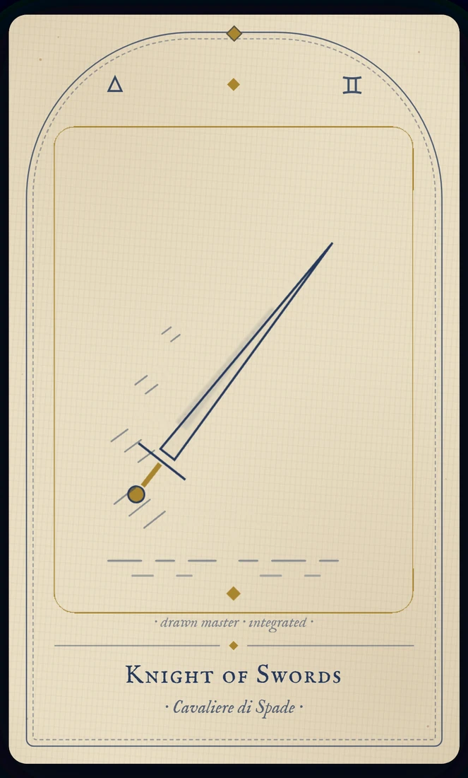 The Knight of Swords tarot card, re-illustrated in Vela's gothic style: a rider charges full tilt into the wind, sword thrust forward.
