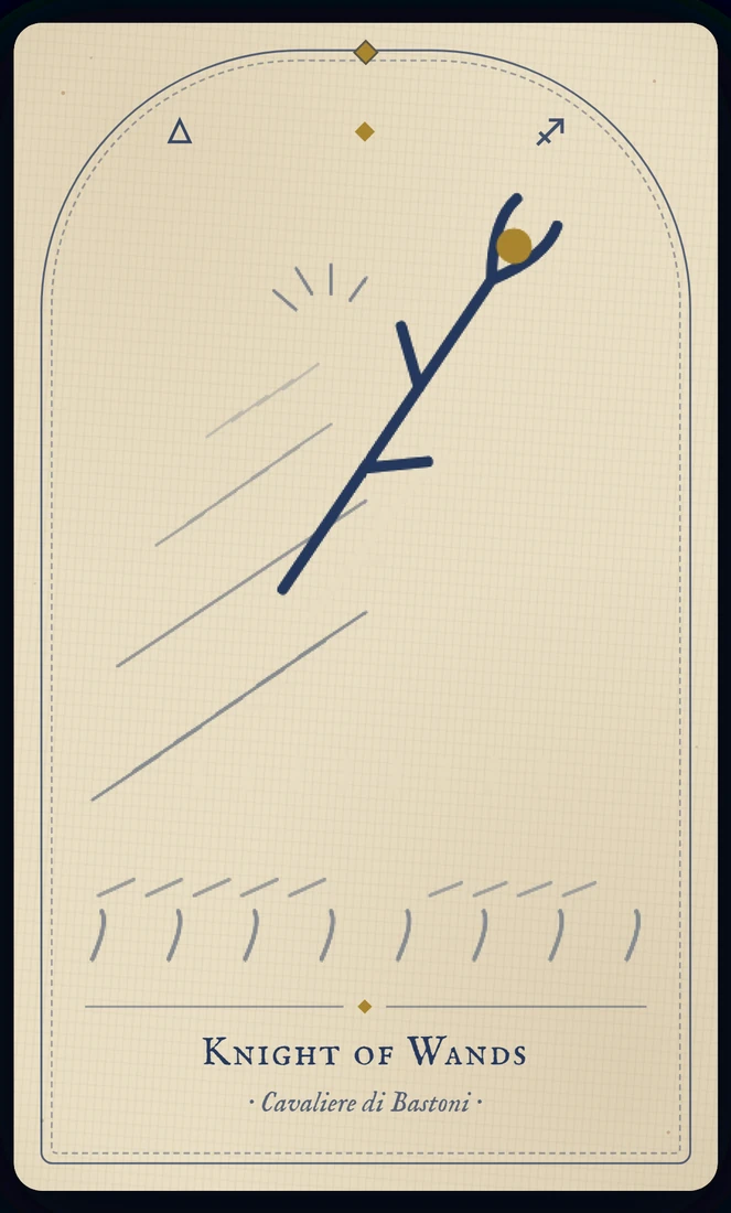 The Knight of Wands tarot card, re-illustrated in Vela's gothic style: an armoured rider surges across the desert, cloak and plume streaming.