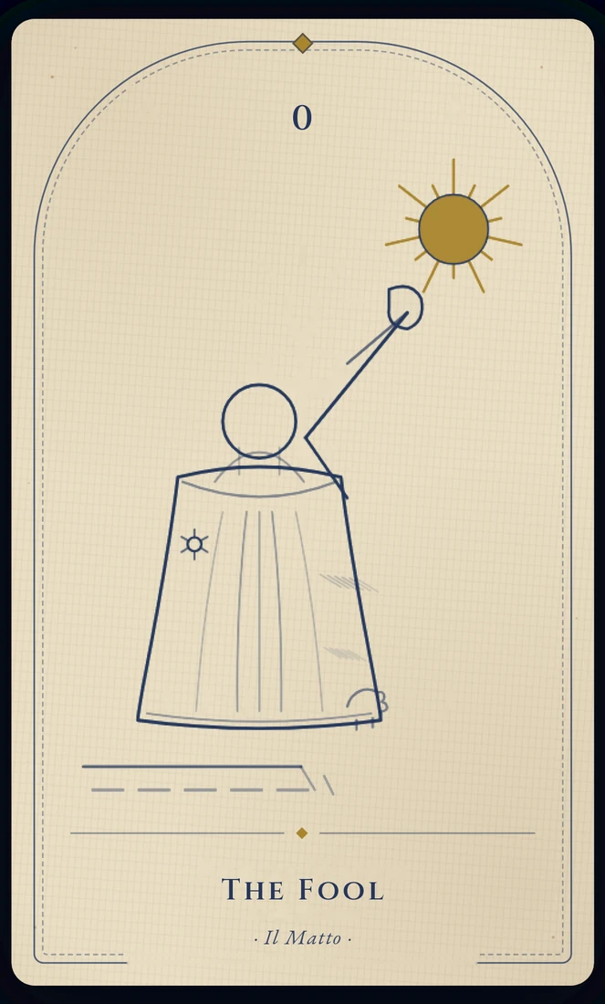 The Fool tarot card, re-illustrated in Vela's gothic style: a traveller steps toward the cliff edge with a small bag, a white rose, and a dog at heel.