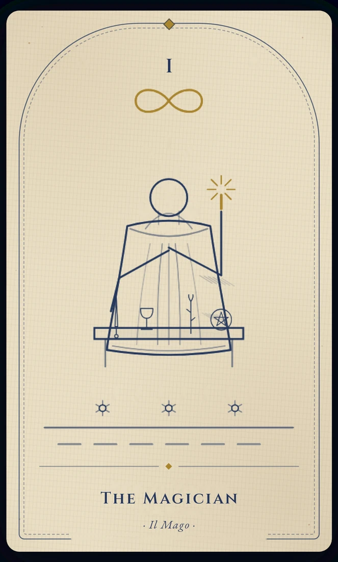 The Magician tarot card, re-illustrated in Vela's gothic style: a figure at a table laid with cup, coin, sword and staff, one hand raised to the sky, one pointed to the earth.