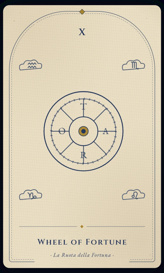 The Wheel of Fortune tarot card, re-illustrated in Vela's gothic style: a great wheel turns in open sky, figures rising on one side and descending the other.