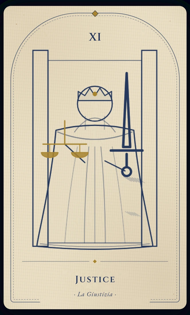 The Justice tarot card, re-illustrated in Vela's gothic style: a seated figure holds a sword upright in one hand and level scales in the other.