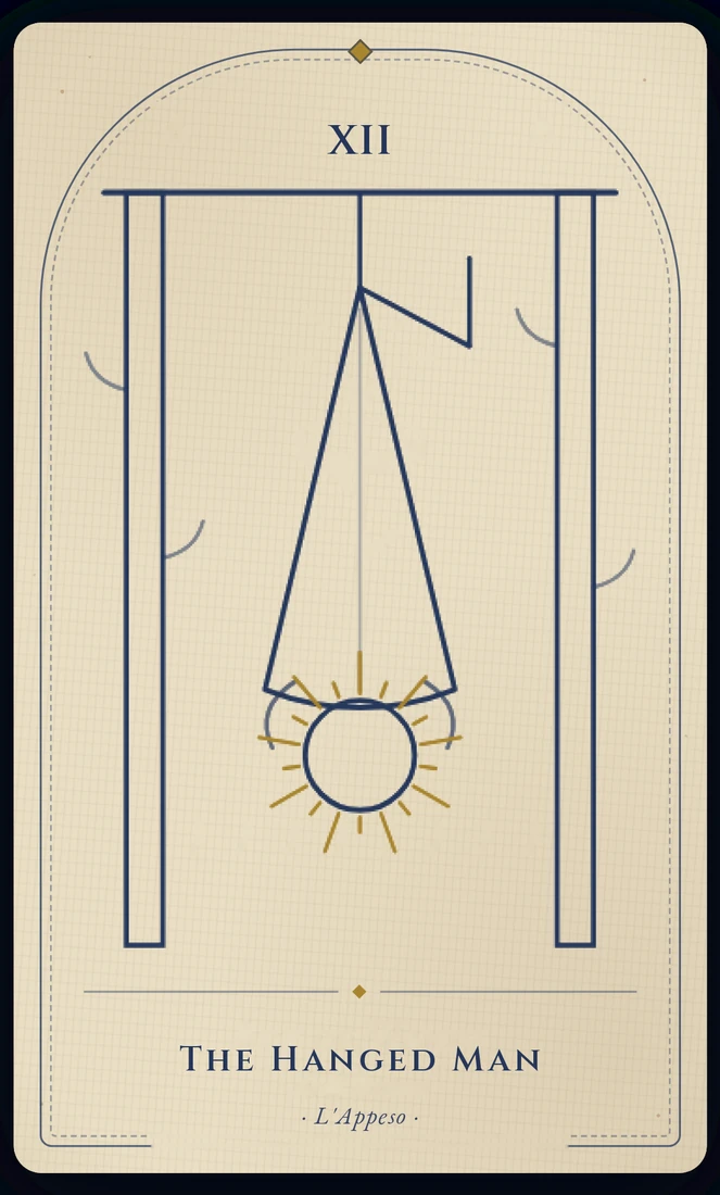 The Hanged Man tarot card, re-illustrated in Vela's gothic style: a figure hangs by one foot from a living tree, face calm, a soft light around his head.