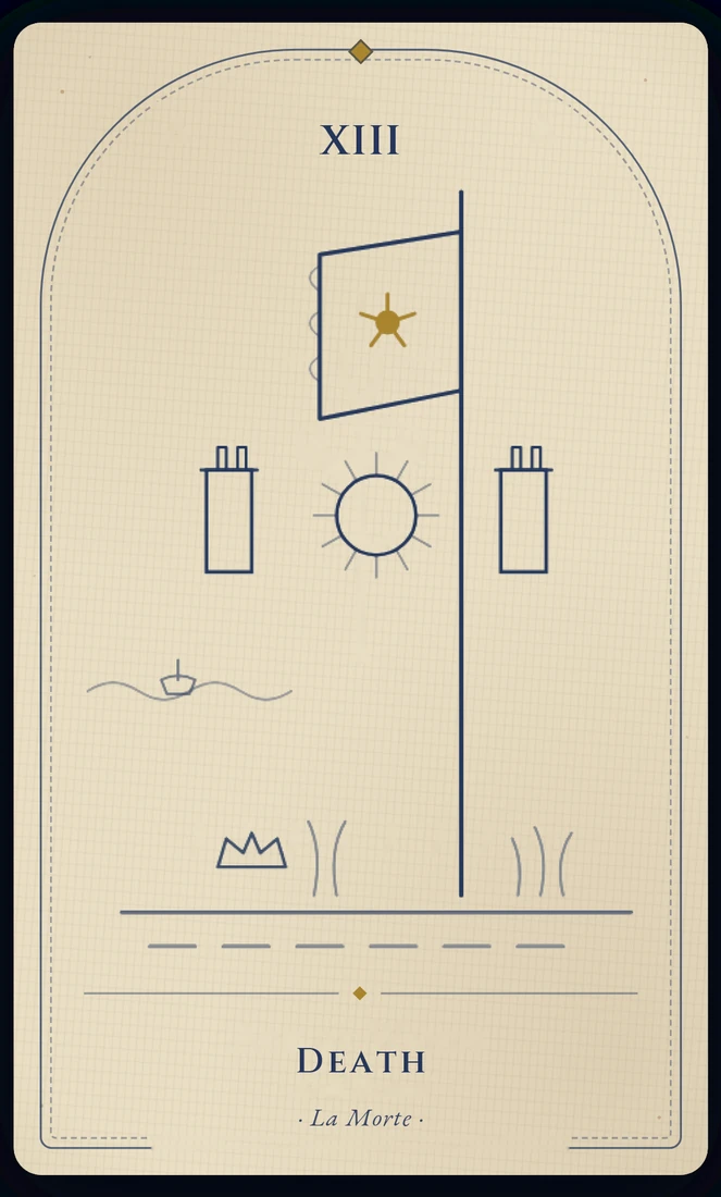 The Death tarot card, re-illustrated in Vela's gothic style: a rider in black armour carries a banner with a white rose; between two far towers, a sun is rising.