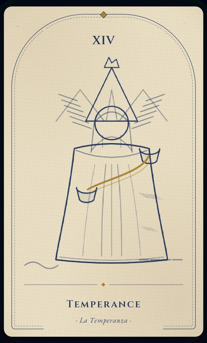 The Temperance tarot card, re-illustrated in Vela's gothic style: an angel stands with one foot on land and one in water, pouring a stream between two cups.
