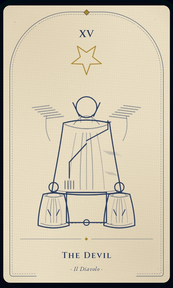 The Devil tarot card, re-illustrated in Vela's gothic style: a horned figure looms above two chained figures, and the chains, looked at closely, hang loose.
