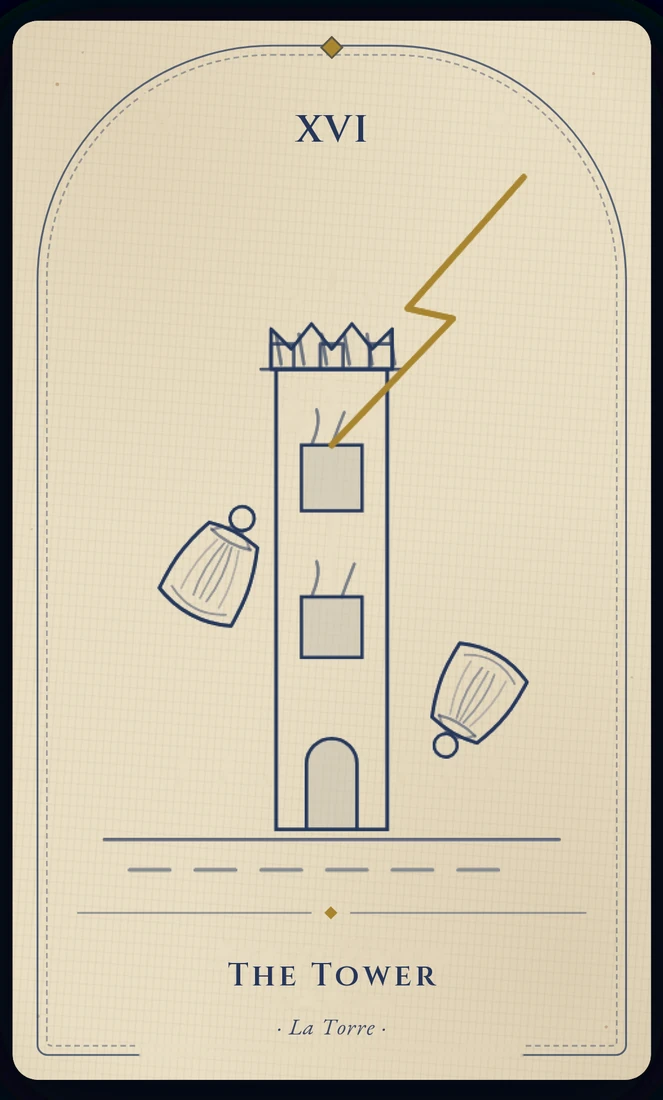 The Tower tarot card, re-illustrated in Vela's gothic style: lightning strikes a crowned tower; its builders fall from the height they defended.