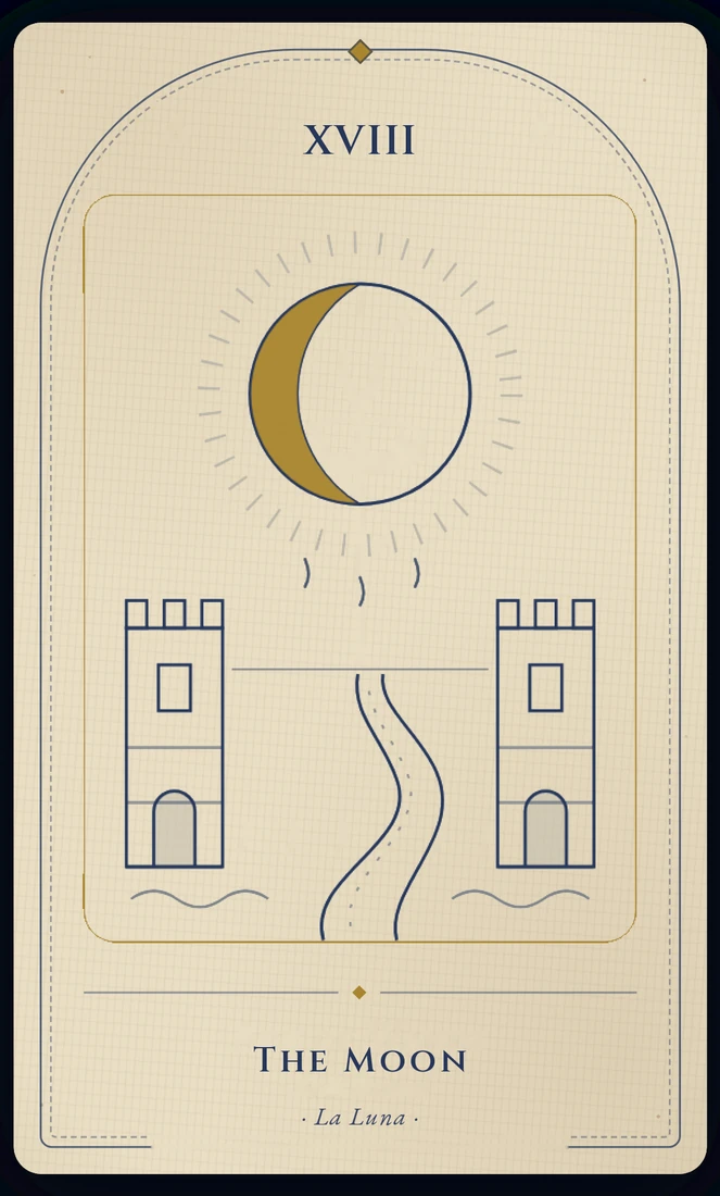 The Moon tarot card, re-illustrated in Vela's gothic style: a dog and a wolf howl at a clouded moon while a crayfish climbs from the pool between two towers.
