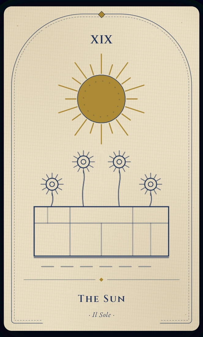 The Sun tarot card, re-illustrated in Vela's gothic style: a child rides bareback beneath a full sun, arms open, sunflowers leaning over the wall.