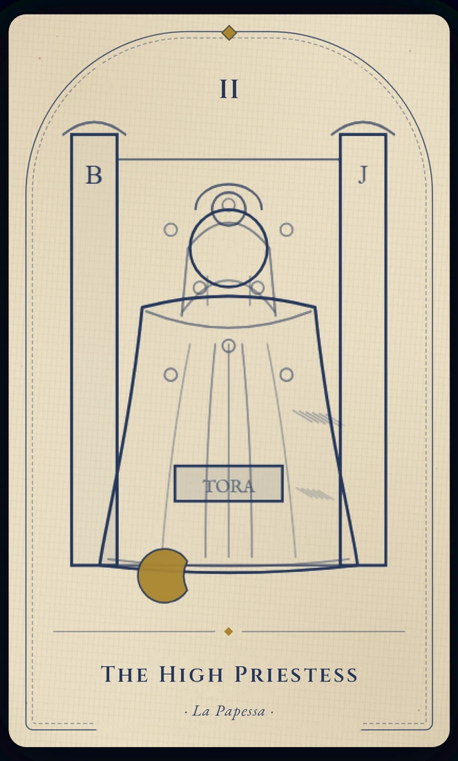 The High Priestess tarot card, re-illustrated in Vela's gothic style: a veiled figure seated between one black pillar and one white, a half-hidden scroll in her lap.