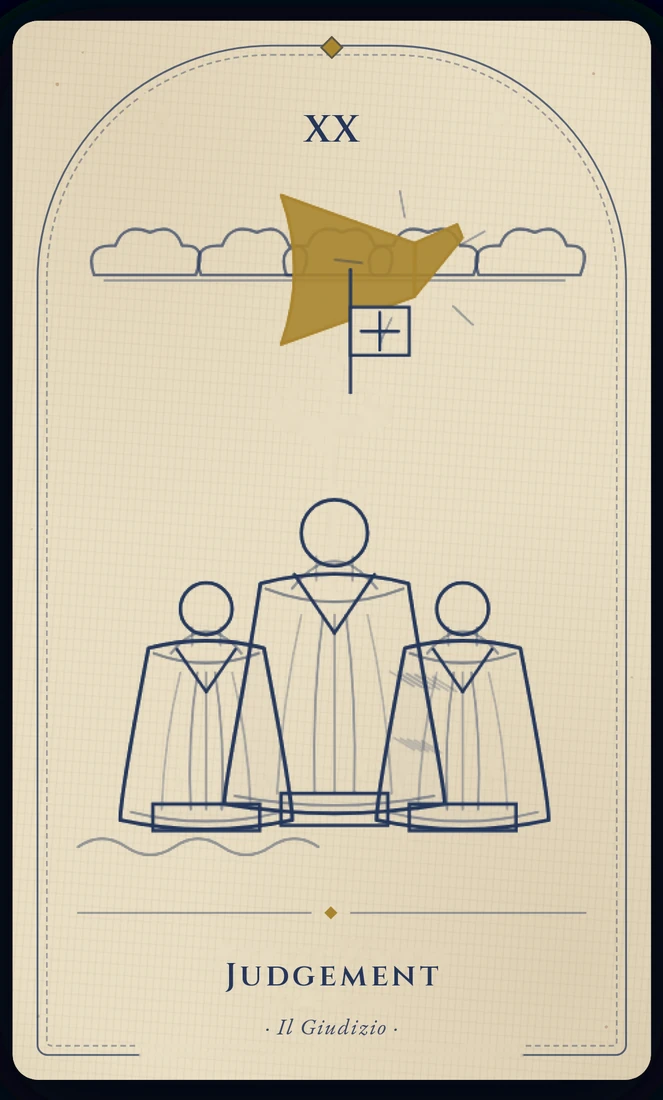 The Judgement tarot card, re-illustrated in Vela's gothic style: an angel’s trumpet sounds from the clouds, and figures below rise and answer with lifted arms.