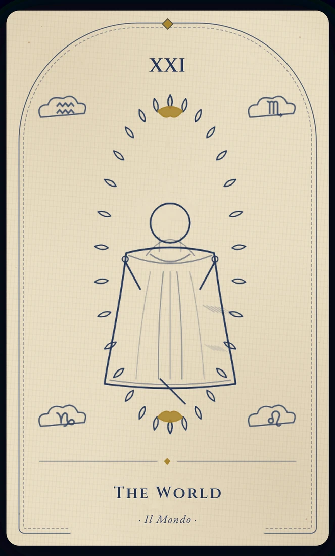 The World tarot card, re-illustrated in Vela's gothic style: a dancing figure moves inside a great laurel wreath, the four fixed creatures at the corners.